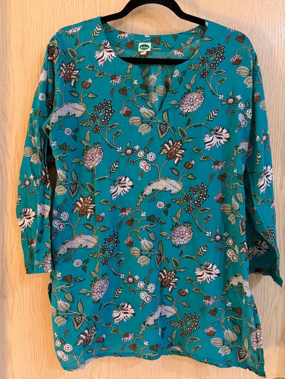 Dolma Floral Cotton Tunic Top Large Teal Boho Made in India